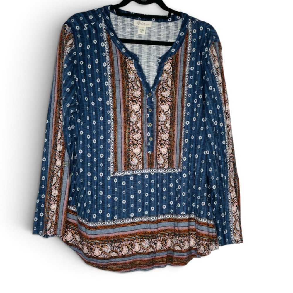 Style & Co. Woman Blue Boho Stripe Floral Long-Sleeve Tunic Top Size 2X